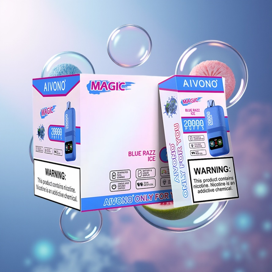 Aivono Aim Magic 20000 Puffs Svensk Grossist Engångs Vape Blå Hallon Is Dual Mesh LCD 26ml