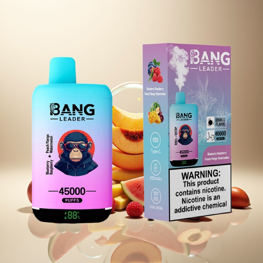 Bang Leader 45000 Puffs Svensk Grossist Engångs Vape Blåbär Hallon Persika Mango Vattenmelon med Smart Skärm & Typ-C USB