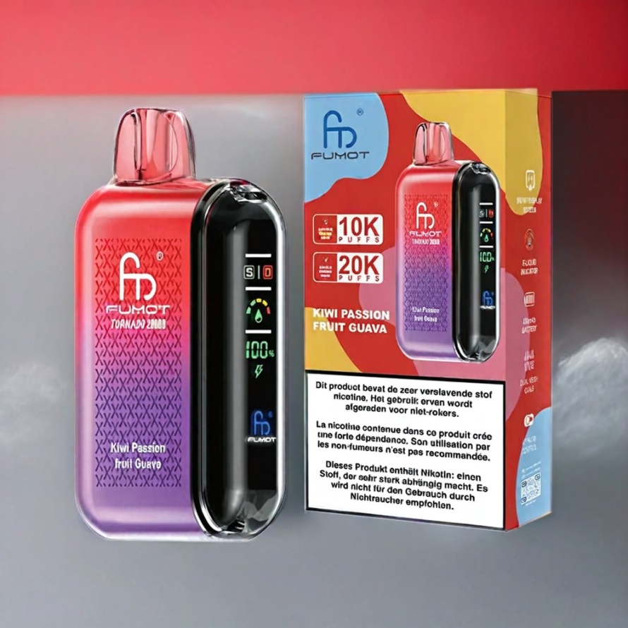 Fumot Tornado 20000 Puffs Svensk Grossist Disposable Vape Kiwi Passionfrukt Guava Dual Mesh Coil Smart Display