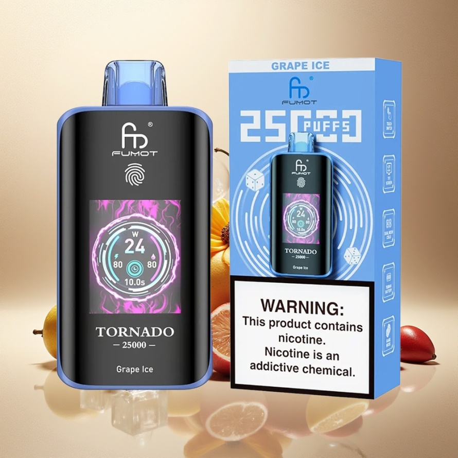 Fumot Tornado 25000 Puffs Engångs Vape Vinis (Grape Ice) med HD-skärm, 700mAh svensk grossist