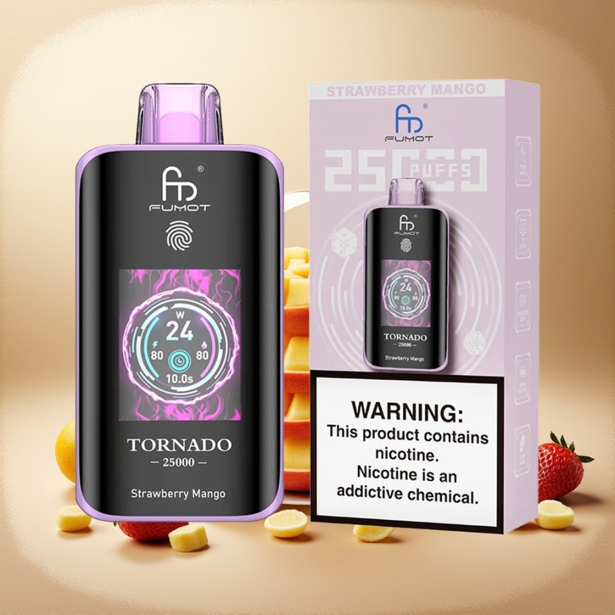 Fumot Tornado 25000 Puffs Svensk Grossist Engångs Vape Jordgubb Mango HD Skärm 700mAh 20ml Type-C