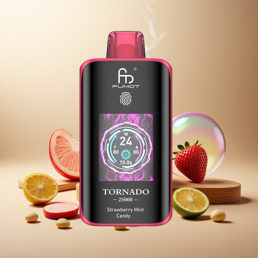 Fumot Tornado 25000 Puffs Svensk Grossist Engångs Vape Jordgubbe Mynt Godis HD Skärm 700mAh 20ml Typ-C