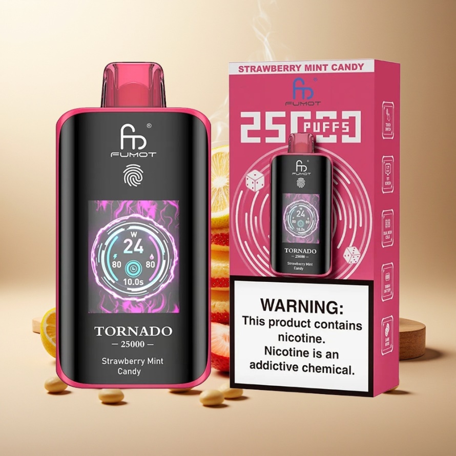 Fumot Tornado 25000 Puffs Svensk Grossist Engångs Vape Jordgubbe Mynt Godis HD Skärm 700mAh 20ml Typ-C