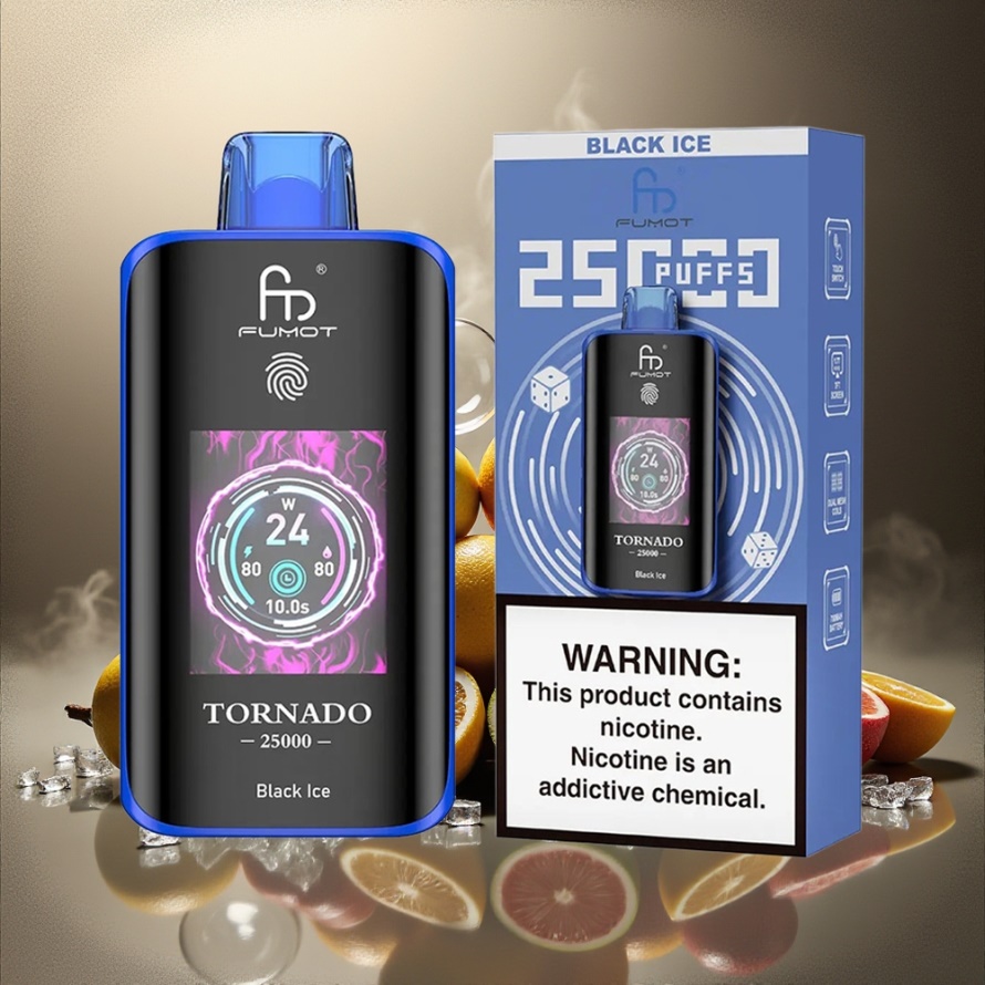 Fumot Tornado 25000 Puffs Svensk Grossist Engångs Vape Svart Is med HD-skärm & 700mAh Batteri