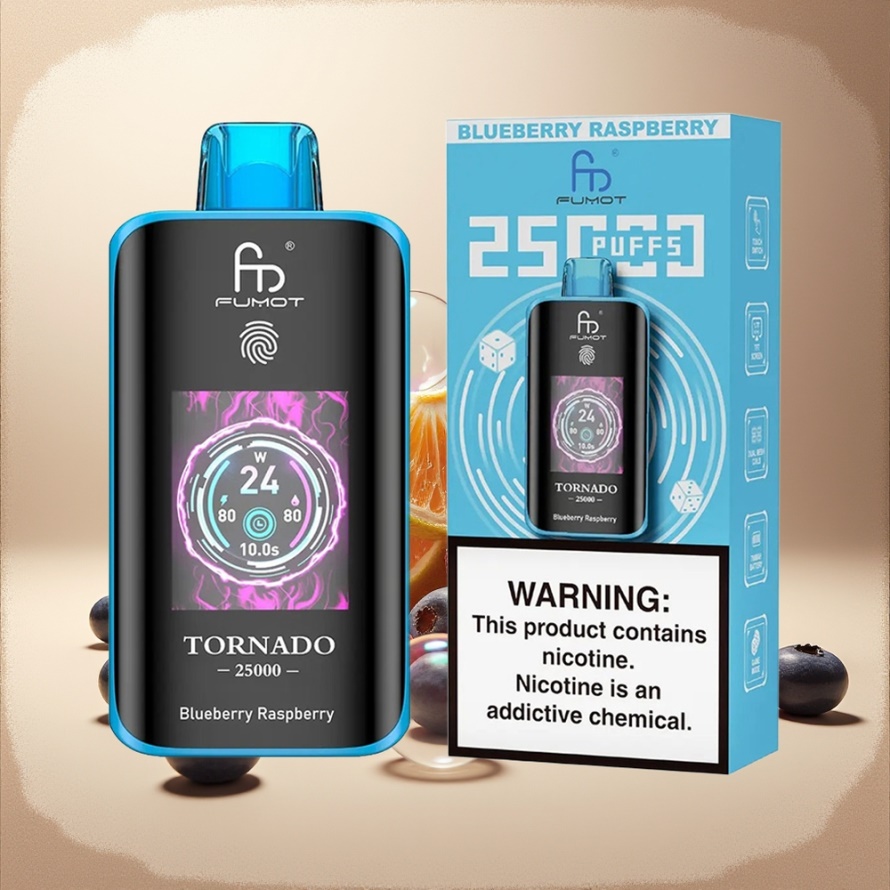 Fumot Tornado 25000 Puffs Svensk Grossist HD Skärm Blåbär Hallon 20ml 700mAh Type-C