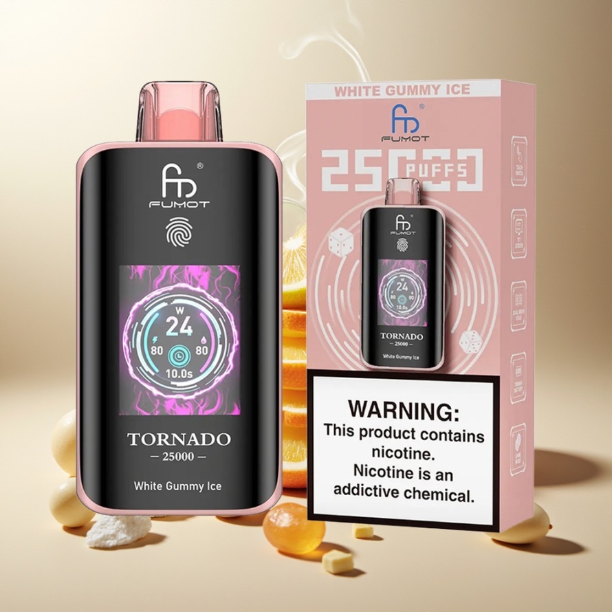 Fumot Tornado 25000 Puffs Svensk Grossist Vit Gummibjörn Is med HD Skärm & 700mAh Batteri