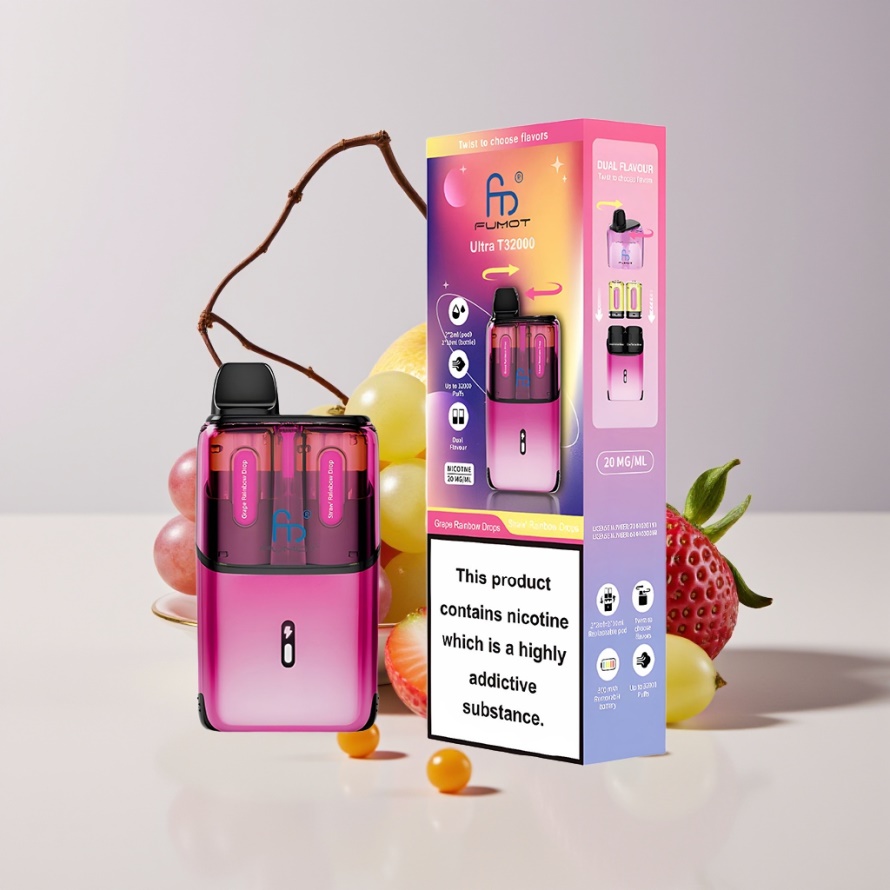 Fumot Ultra T32000 Engångsvape - Långvarig och kraftfull Grape Rainbow Drops - Jordgubbs Rainbow Drops för svensk grossist