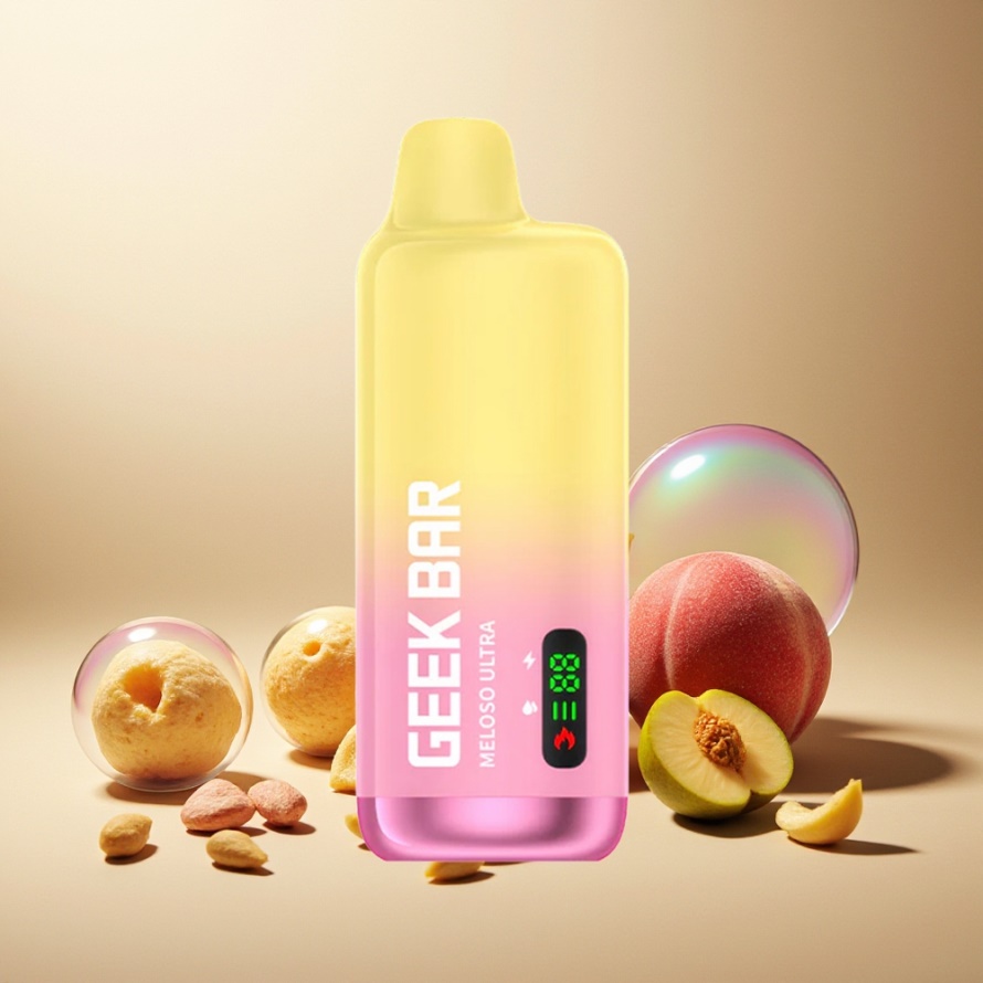 GEEK BAR Meloso Ultra 10000 Puffs Engångs Vape Saftig Persika IS svensk grossist med 5% Nikotin, 630 mAh, USB-C, Dual Mesh Coil, Smart LED-skärm