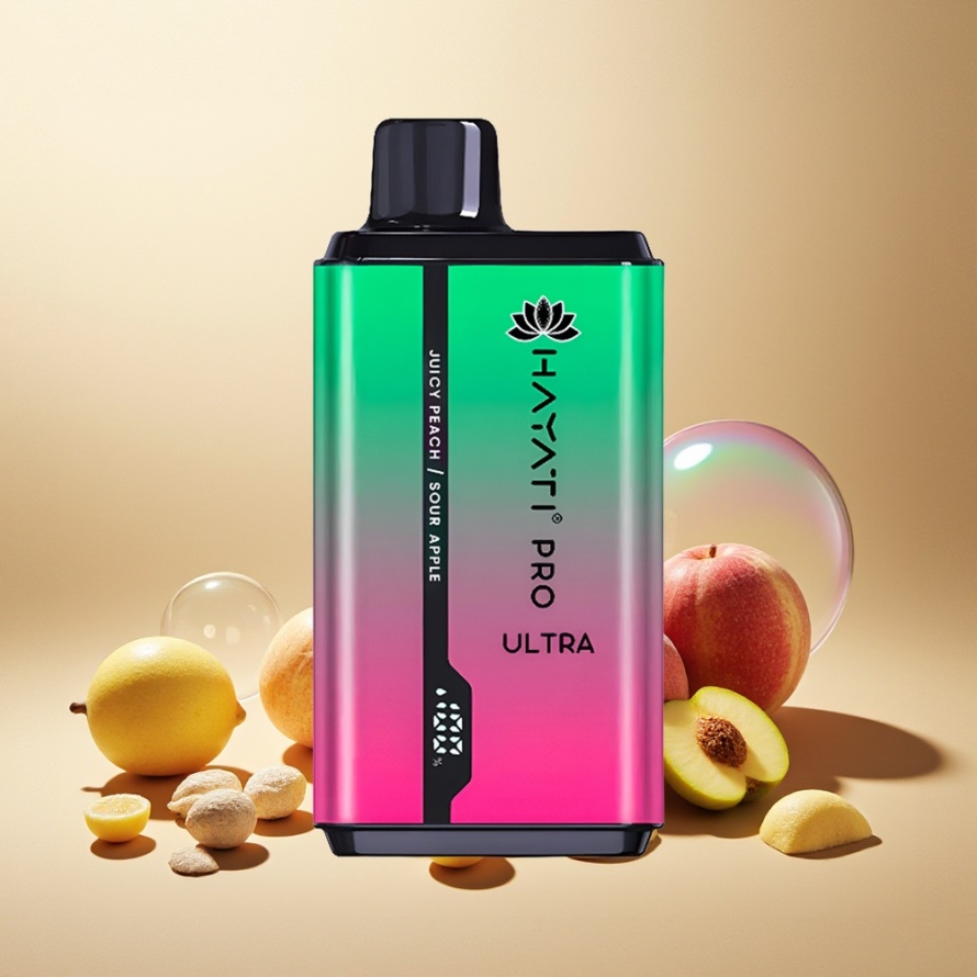 Hayati Pro Ultra 15000 PuffsEngångs Vape Suräpple Saftig Persika (850mAh, 2 12ml, 2% Nikotin) svensk grossist