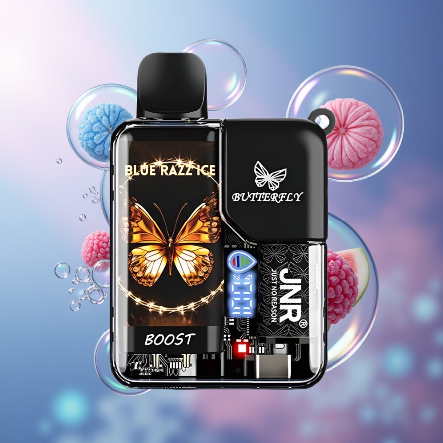 JNR Butterfly 8500 Puffs Engångs Vape Blå Hallon Is svensk grossist 1200mAh 15ml 1.0ohm Mesh Digital Display