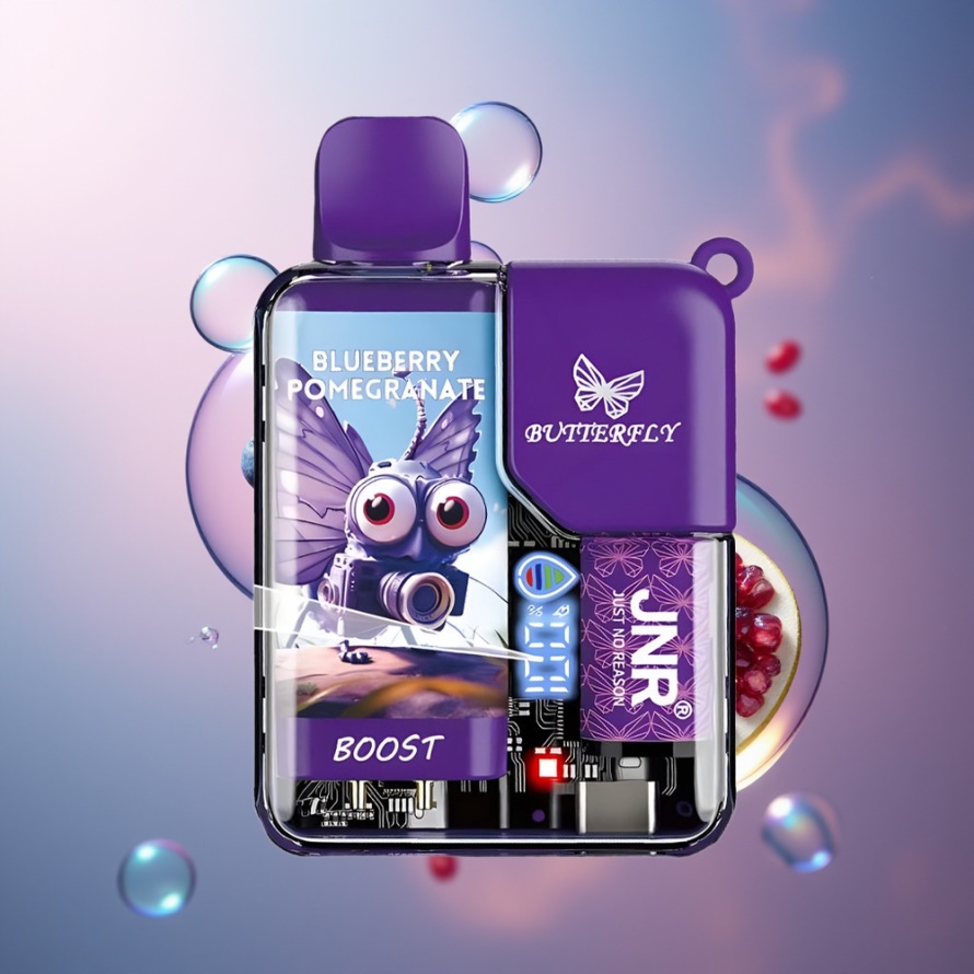 JNR Butterfly 8500 Puffs Svensk Grossist Engångs Vape Blåbär Granatäpple med 1200mAh Batteri & Digital Display