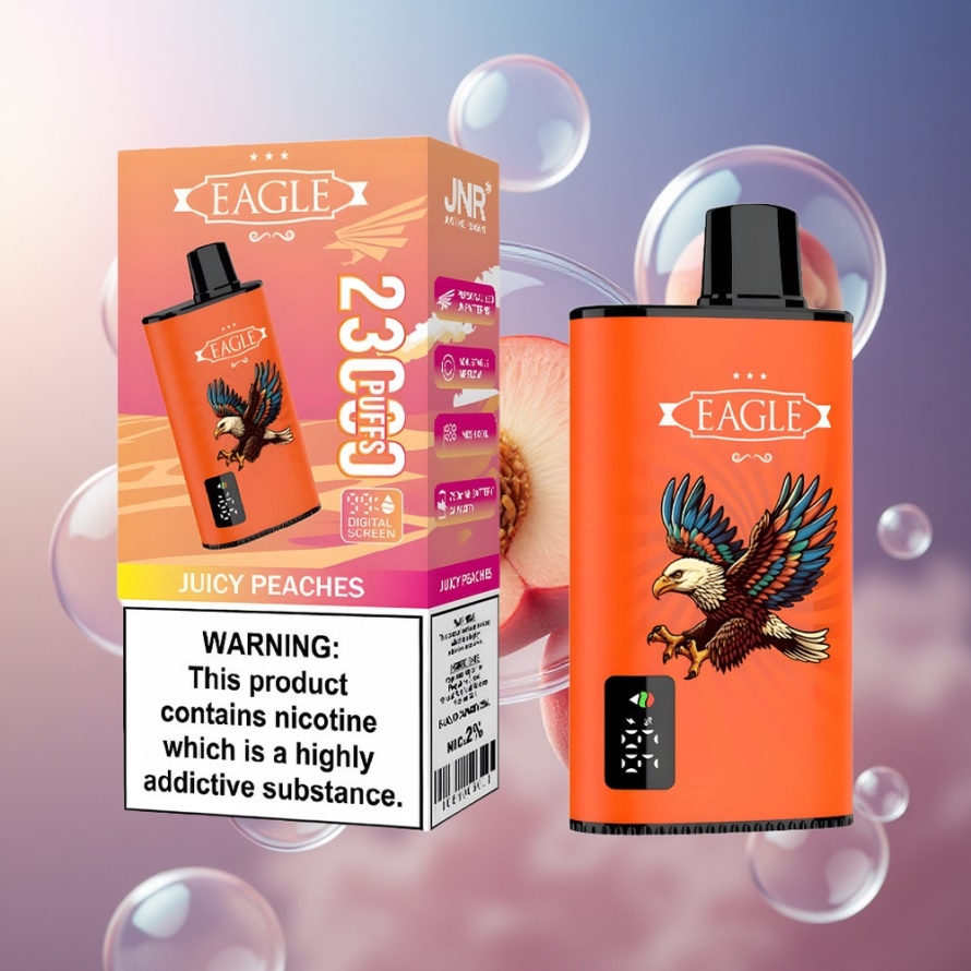 JNR EAGLE Smart 23000 Puffs Engångs Vape Juicy Peaches Svensk Grossist med Digital Skärm & 1.0ohm Mesh Coil