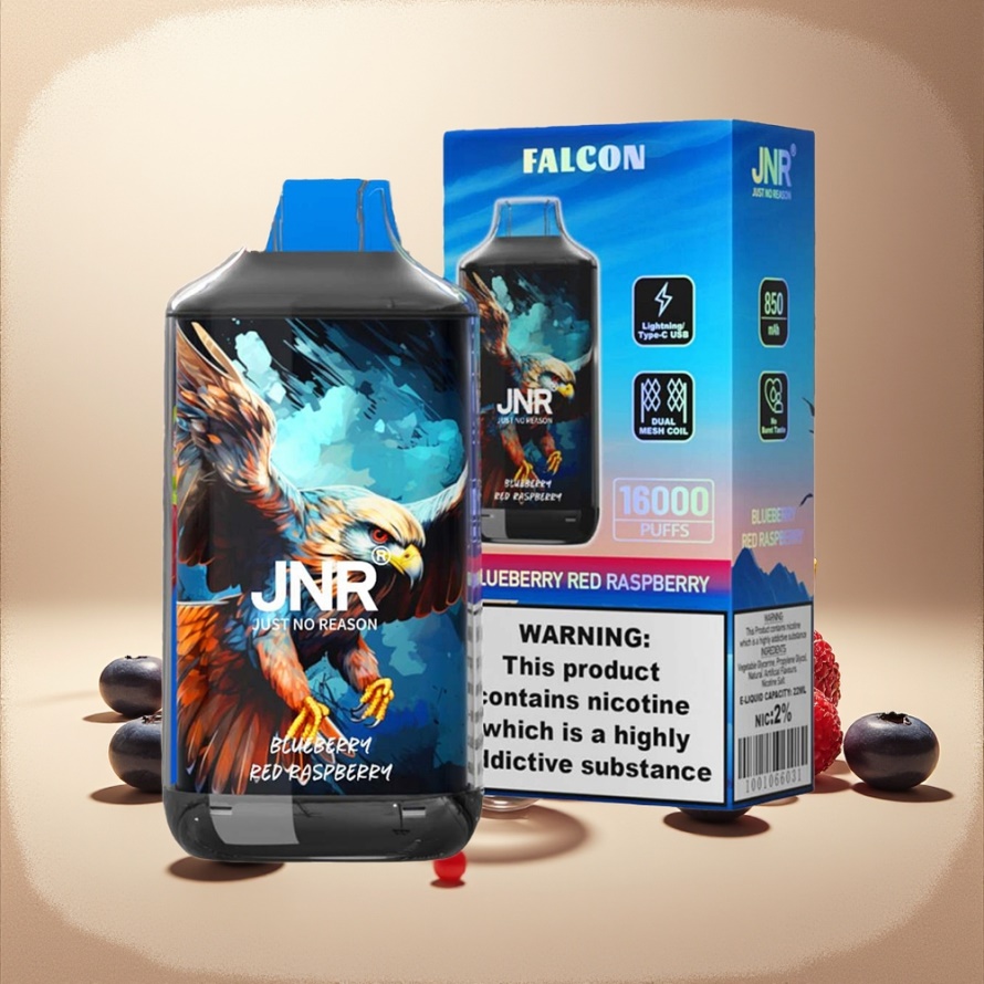 JNR Falcon 16000 PuffsEngångs Vape Blåbär Röd Hallon svensk grossist 850mAh 22ml Dual Mesh Coil Type C