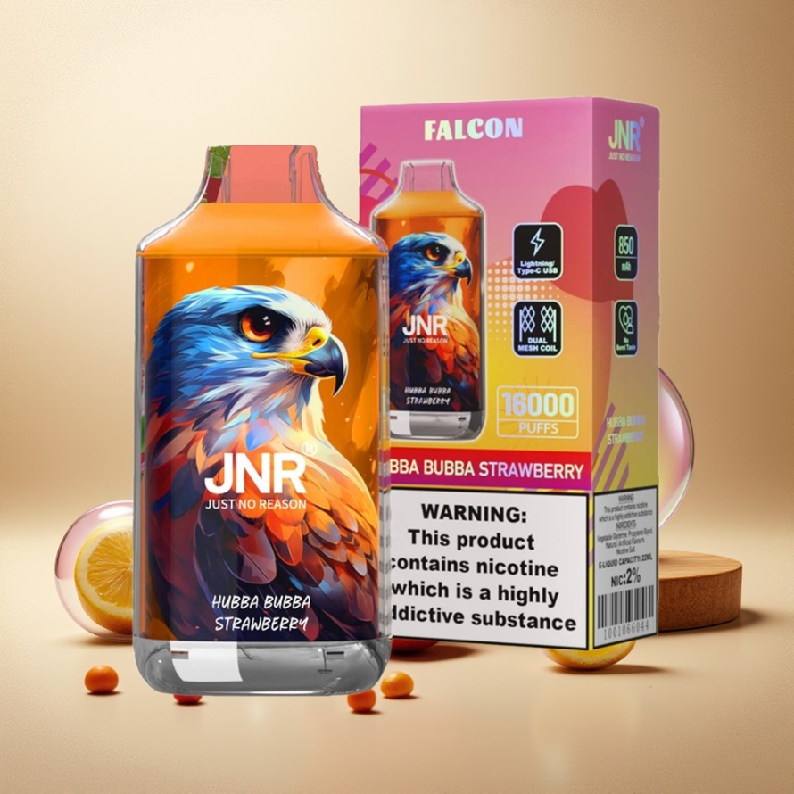 JNR Falcon 16000 PuffsEngångs Vape Hubba Bubba Jordgubb 850mAh 22ml Dual Mesh Coil Svensk Grossist
