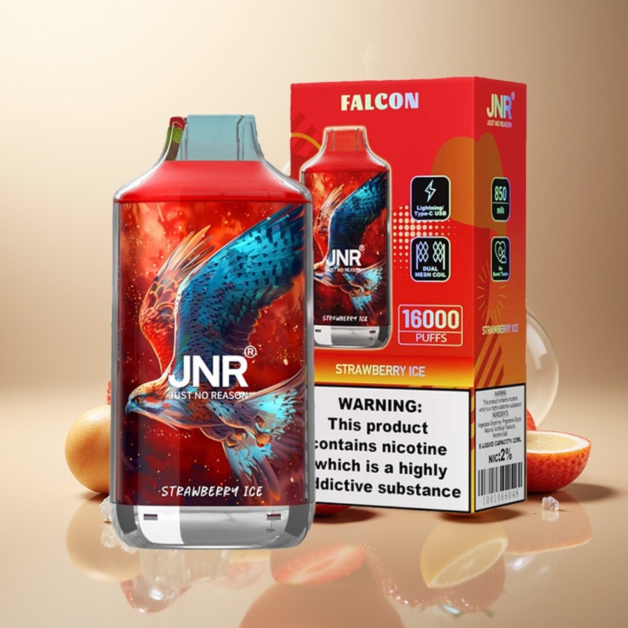 JNR Falcon 16000 PuffsEngångs Vape Jordgubb Is svensk grossist 850mAh 22ml Dual Mesh Coil Type C LED 0%/2% Nikotin