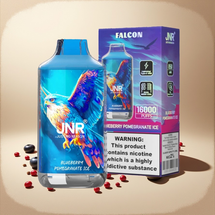 JNR Falcon 16000 Puffs Svensk GrossistEngångs Vape Blåbär Granatäpple ICE 850mAh 22ml Dual Mesh Coil Type C LED 0%/2% Nikotin