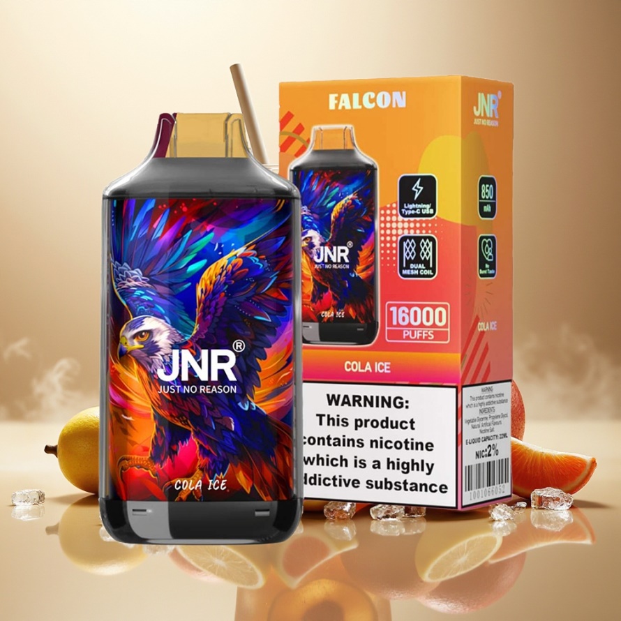 JNR Falcon 16000 Puffs Svensk GrossistEngångs Vape Cola Is med 850mAh Batteri, 22ml E-vätska, Dual Mesh Coil, Smart LED Display, 0%/2% Nikotin