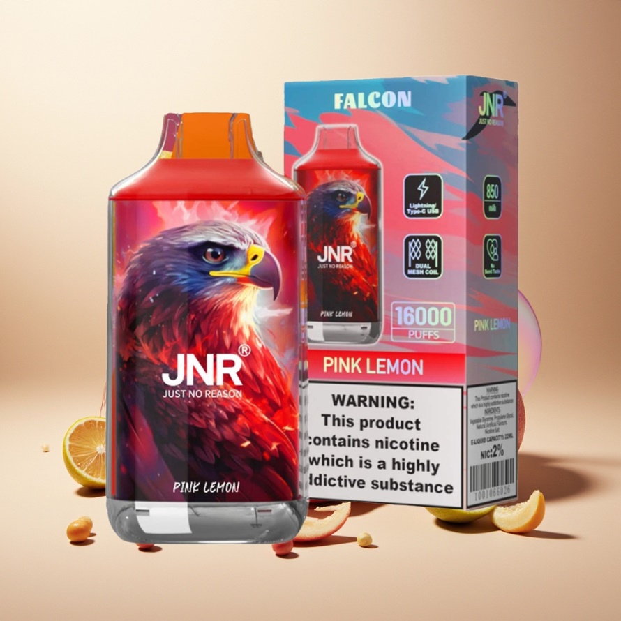 JNR Falcon 16000 Puffs Svensk GrossistEngångs Vape Rosa Citron – 850mAh, 22ml, Dual Mesh Coil, Typ C & Lightning, Smart LED, 0%/2% Nikotin