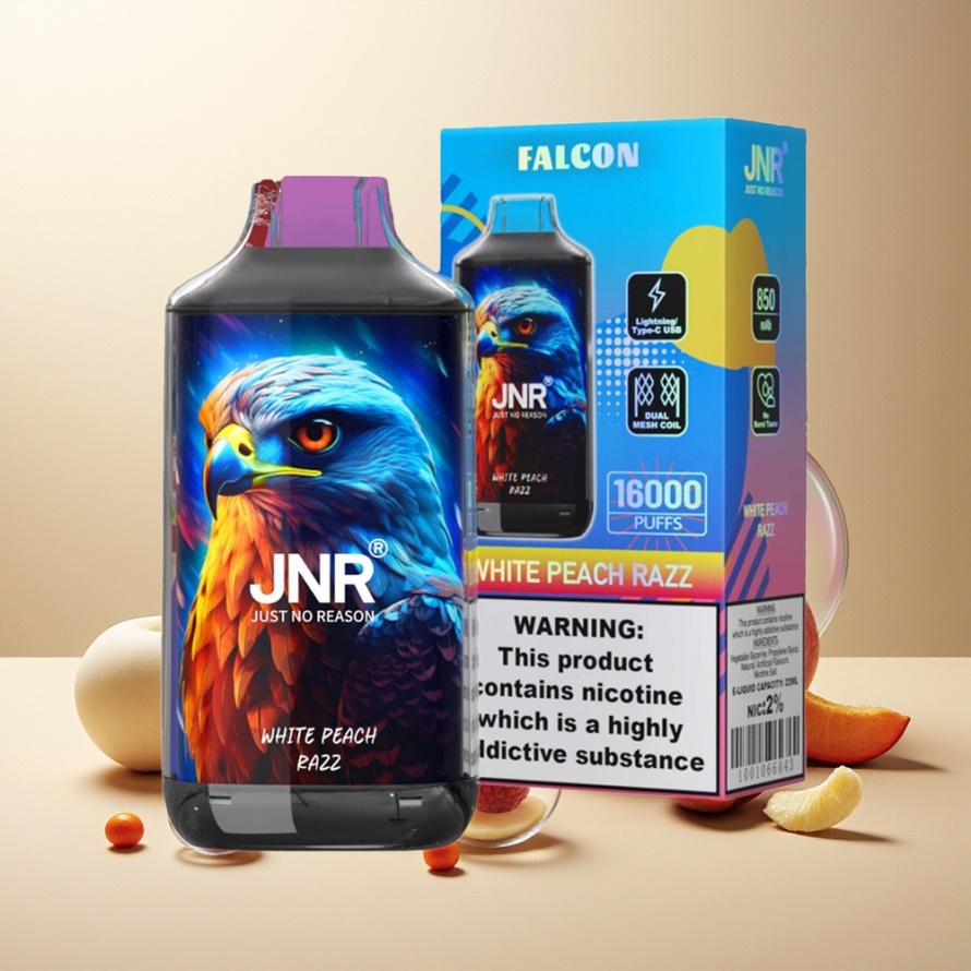 JNR Falcon 16000 Puffs Vit Persika Razz Svensk Grossist 850mAh 22ml Dual Mesh Coil Typ C LED 0%/2% Nikotin