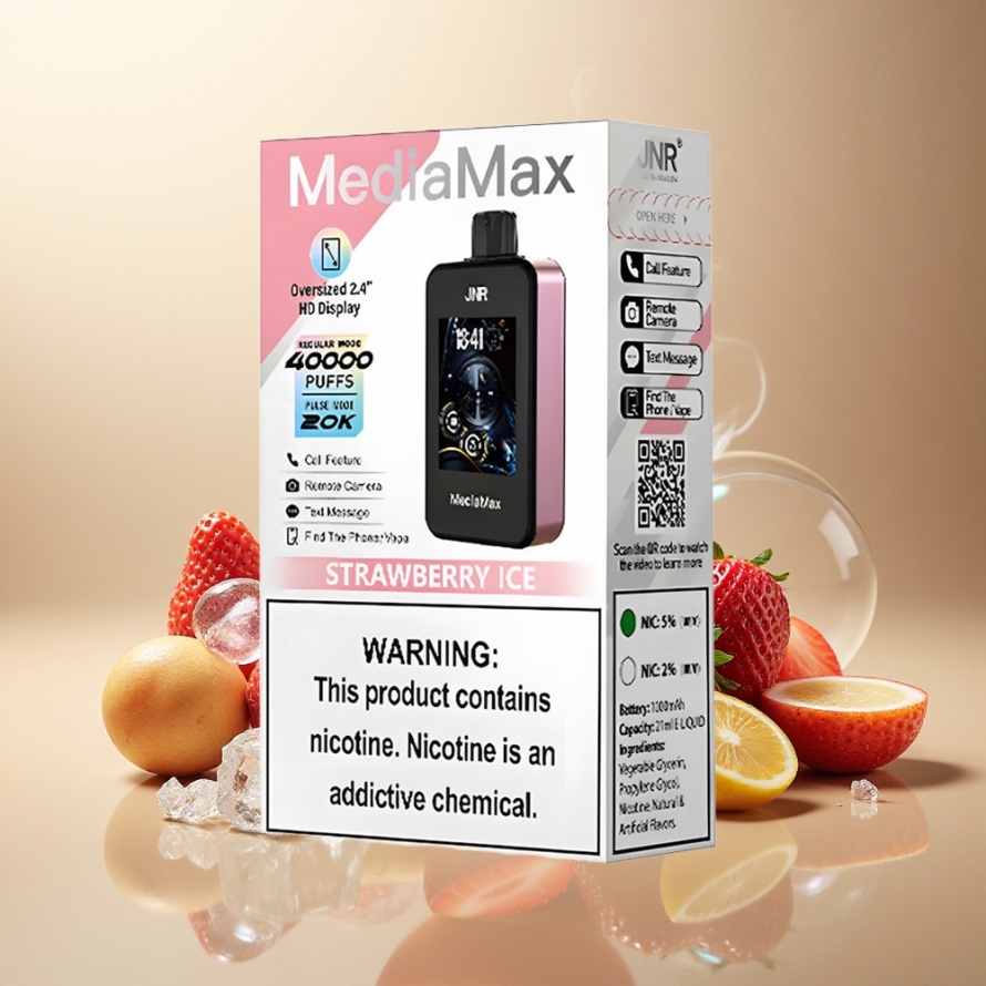 JNR MediaMax 40000 Puffs Svensk GrossistEngångs Vape Jordgubb Is med 21mL E-vätska & 1000mAh Batteri