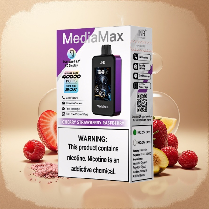 JNR MediaMax 40000 Puffs Svensk GrossistEngångs Vape KörsbärJordgubb Hallon med 21mL E-vätska & 1000mAh Batteri