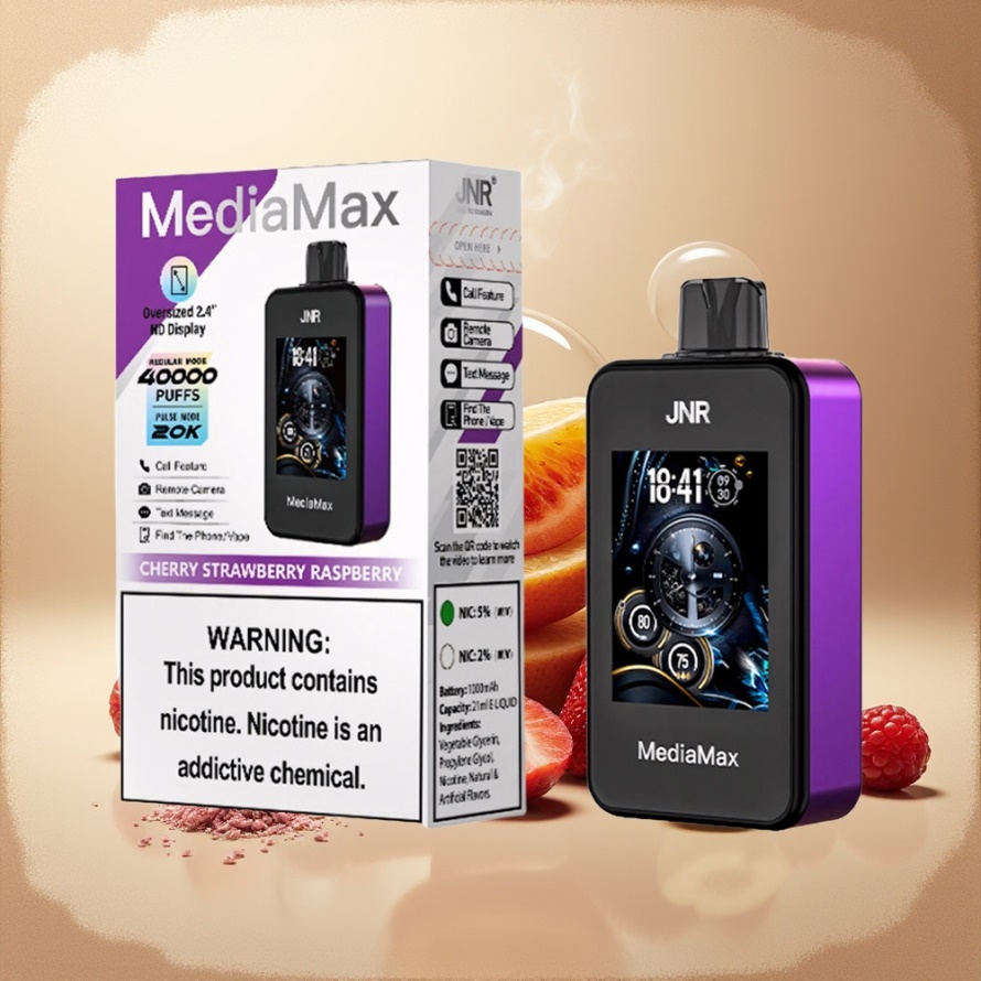 JNR MediaMax 40000 Puffs Svensk GrossistEngångs Vape KörsbärJordgubb Hallon med 21mL E-vätska & 1000mAh Batteri