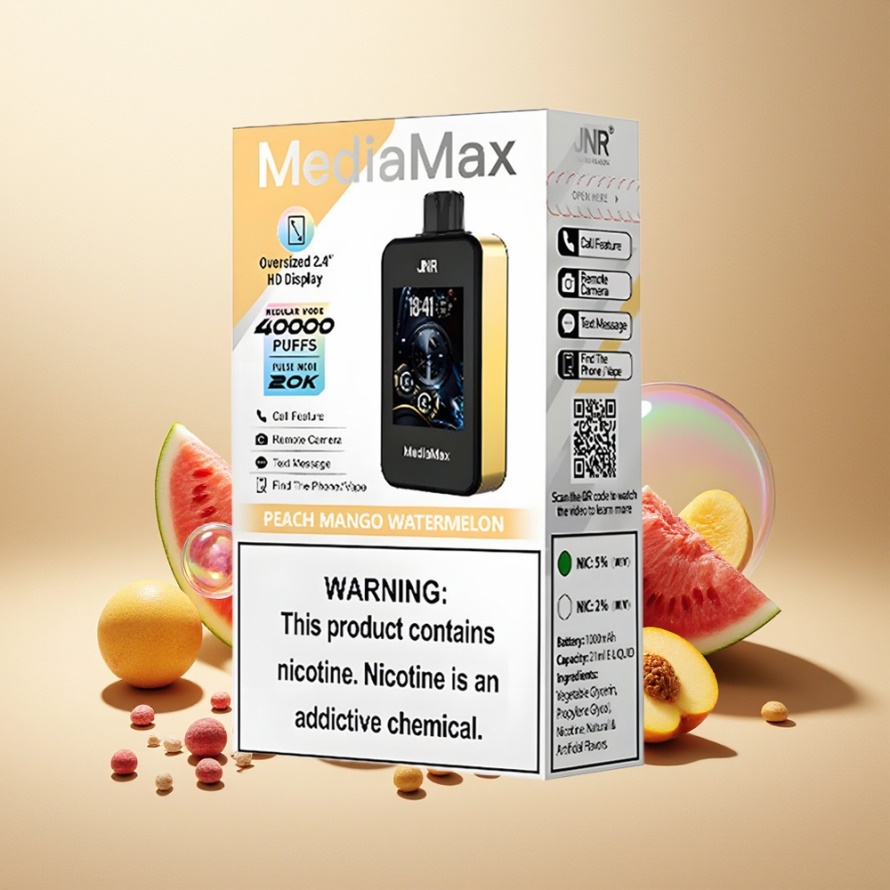 JNR MediaMax 40000 Puffs Svensk GrossistEngångs Vape Persika Mango Vattenmelon med 2,4 inch HD-skärm & Typ-C Laddning
