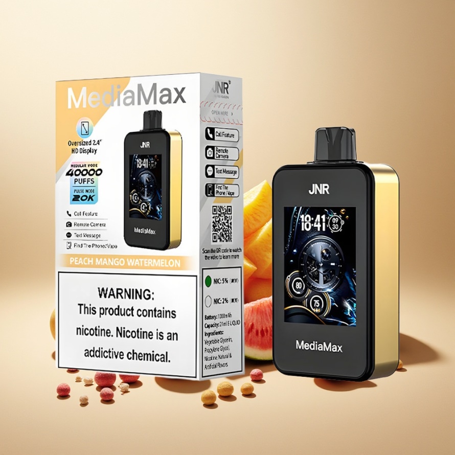 JNR MediaMax 40000 Puffs Svensk GrossistEngångs Vape Persika Mango Vattenmelon med 2,4 inch HD-skärm & Typ-C Laddning