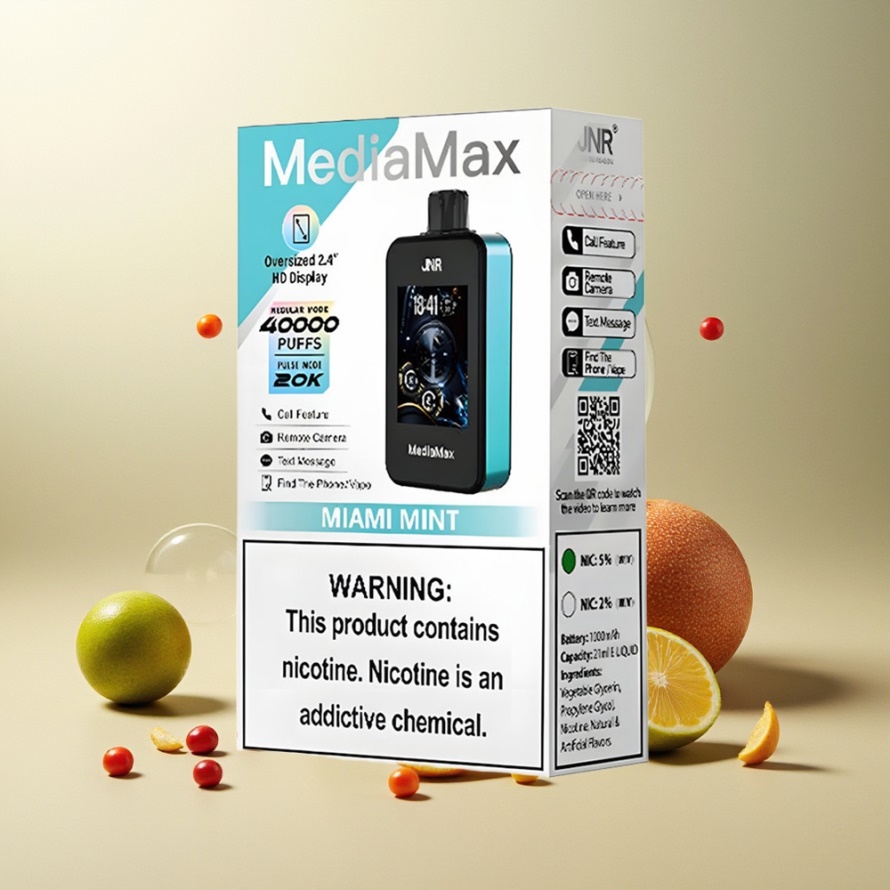 JNR MediaMax 40000 Puffs Svensk Grossist Miami Mynta 1000mAh Typ-C 21mL 5% Nikotin Dual Mesh 2.4 inch HD