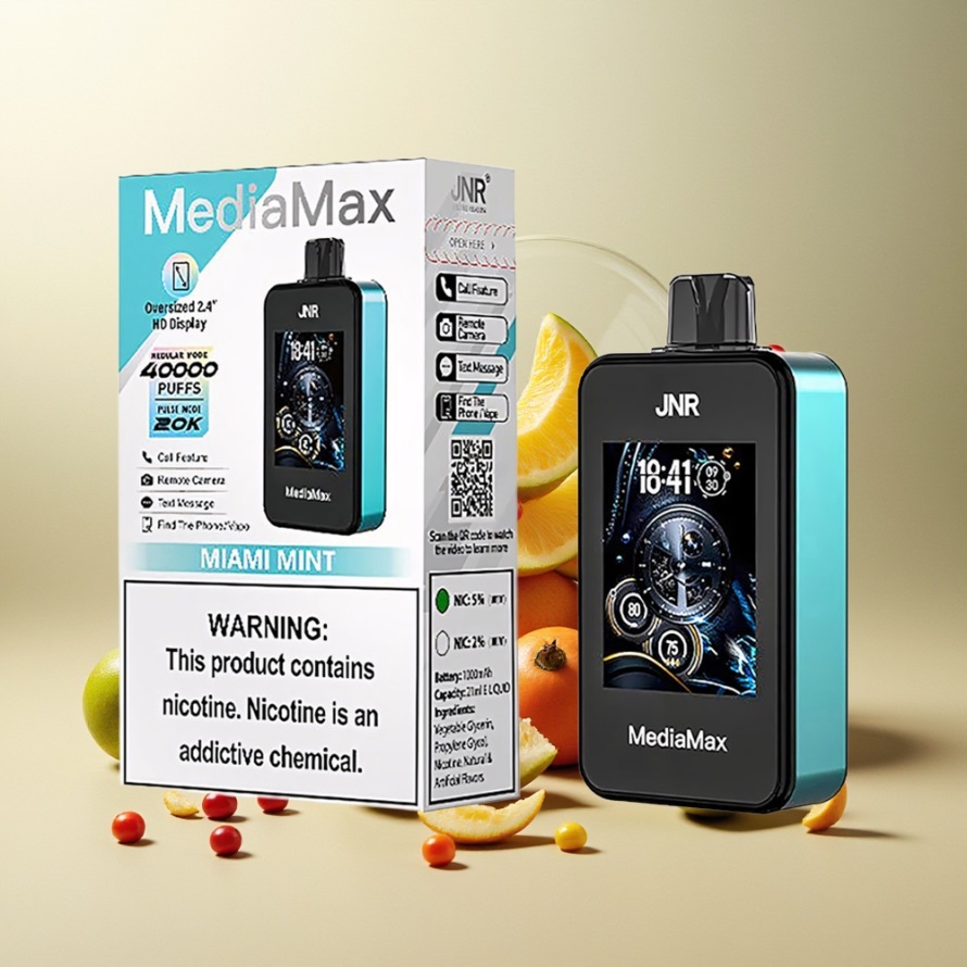 JNR MediaMax 40000 Puffs Svensk Grossist Miami Mynta 1000mAh Typ-C 21mL 5% Nikotin Dual Mesh 2.4 inch HD