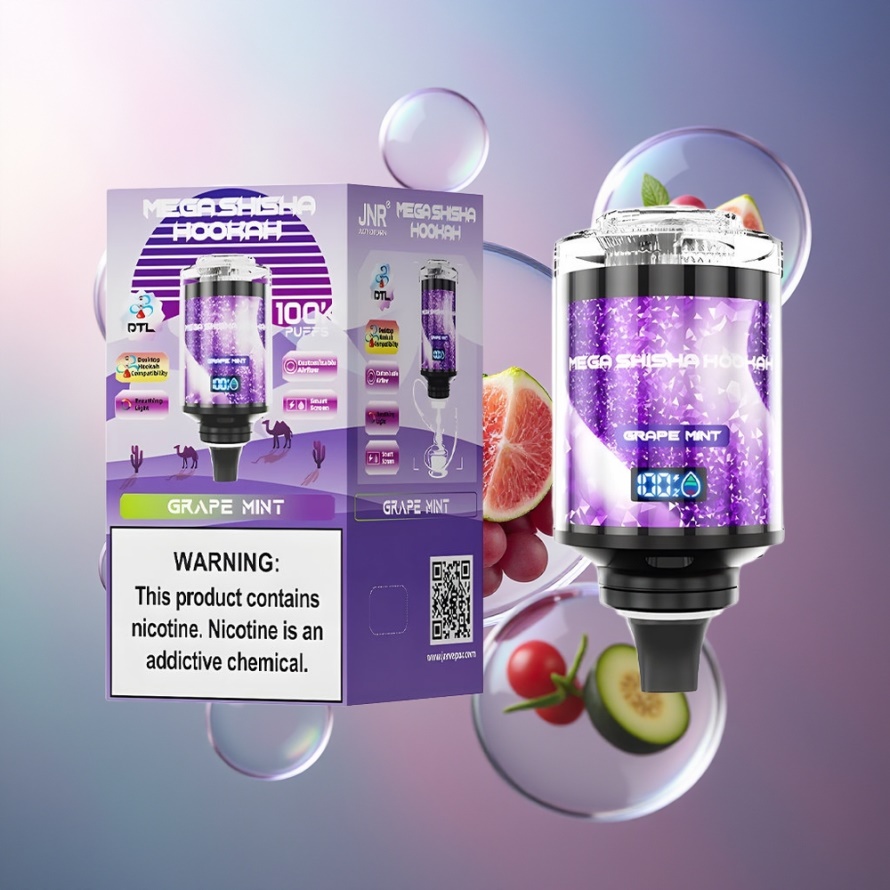 JNR Mega Shisha Hookah 100K Svensk Grossist Skrivbordskompatibel Druva Mynta 70.2mm 2200mAh Typ-C 60ml