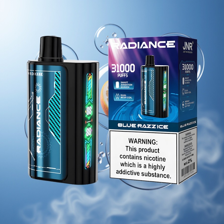 JNR Radiance 31000 Puffs Svensk Grossist Engångs Vape BLÅ HALLON Is med 28ml E-liquid & Dual Mesh Coil