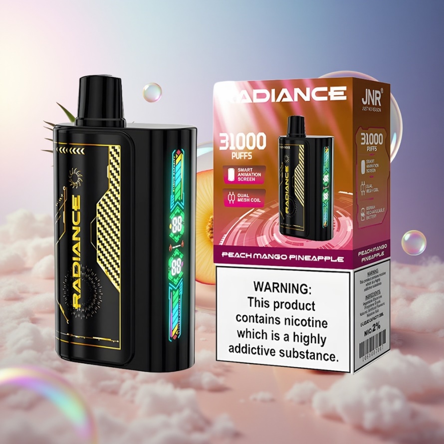 JNR Radiance 31000 Puffs Svensk Grossist Engångs Vape PEACH MANGO PINEAPPLE 28ml 2% Smart Screen Dual Mesh