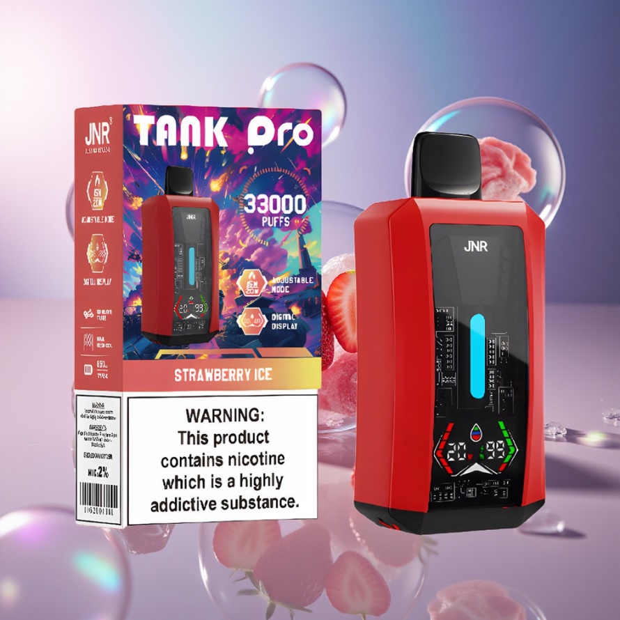 JNR Tank Pro 33000 Puffs Svensk Grossist Engångsvape Jordgubb Is 28ml Digital Display Dual Mesh Coil