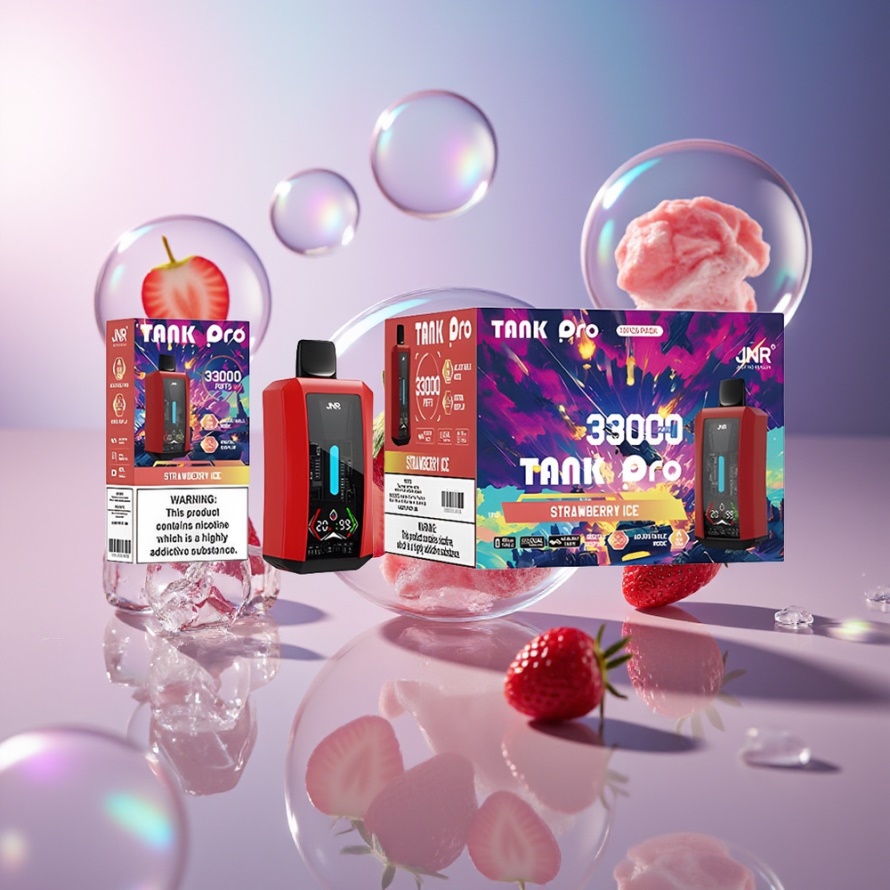 JNR Tank Pro 33000 Puffs Svensk Grossist Engångsvape Jordgubb Is 28ml Digital Display Dual Mesh Coil