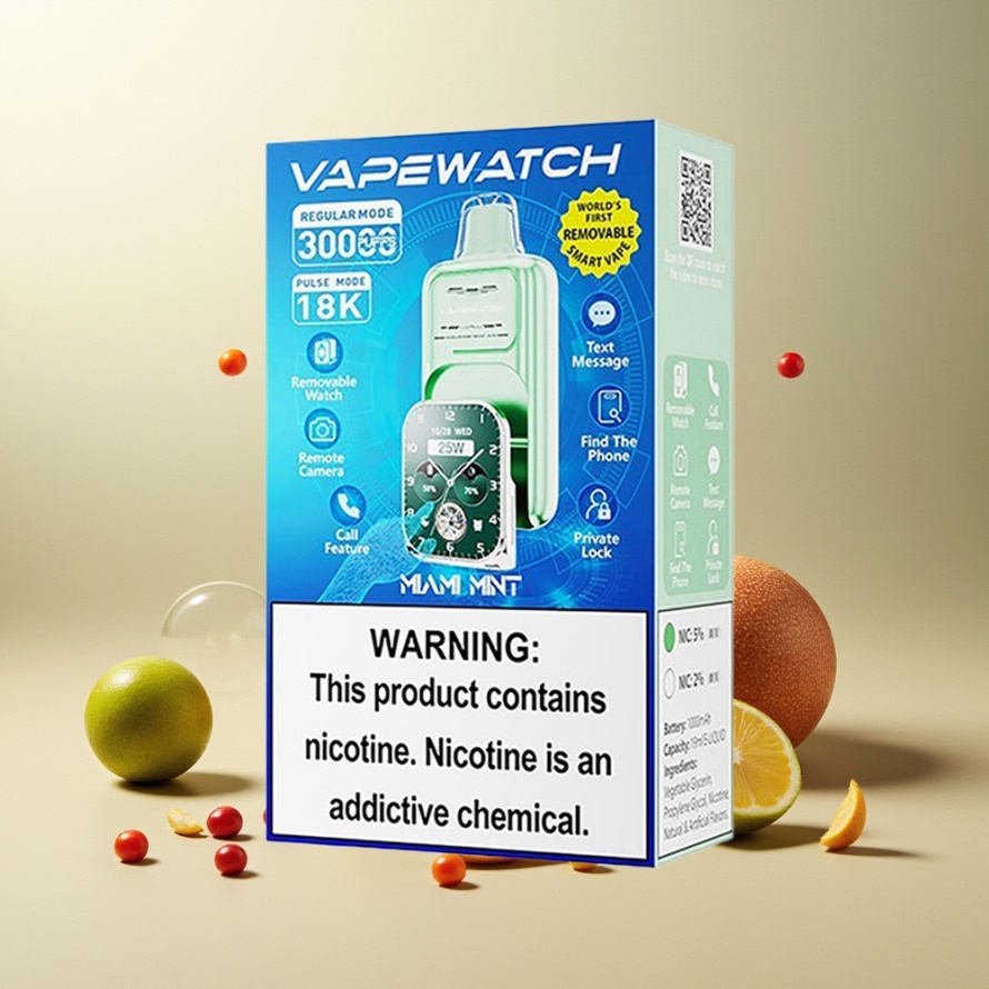 JNR VapeWatch 30000 Puffs Engångs E-cig Miami Mynta Svensk Grossist 1000mAh Type-C Laddning