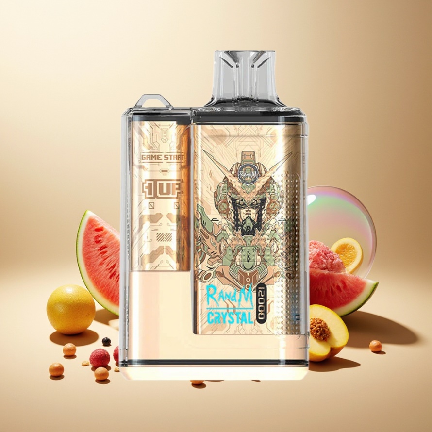 RandM Fumot Crystal 12000 Puffs Engångs Vape Persika Mango Vattenmelon Svensk Grossist med RGB-ljus, 20ml, 1.2ohm Mesh Coil