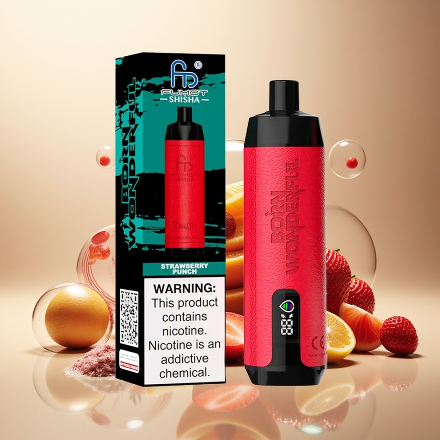 RandM Fumot Shisha 10000 Puffs Engångs Vape Jordgubb Punch Svensk Grossist LED 18ml 850mAh Type-C