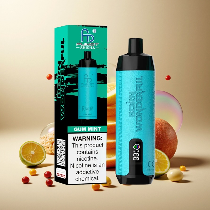 RandM Fumot Shisha 10000 Puffs Engångs Vape Tuggummi Mint med LED, 850 mAh, Mesh Coil, svensk grossist