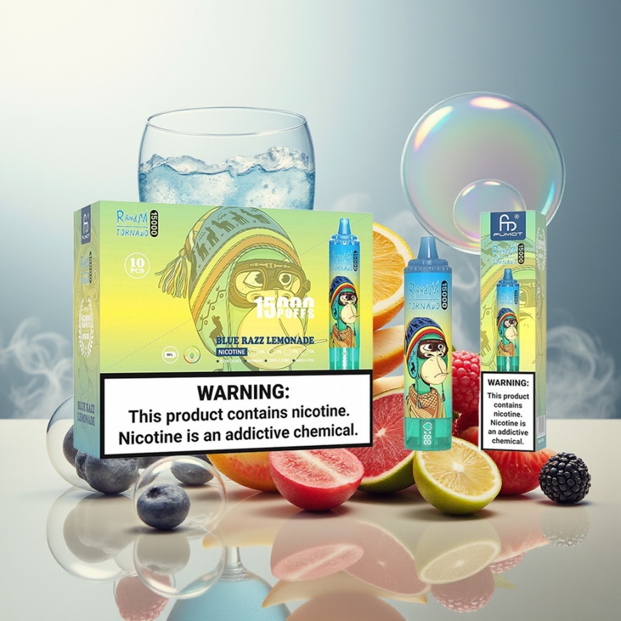 RandM Fumot Tornado 15000 Puffs Svensk Grossist Engångs Vape Blå Hallon Lemonad 25ml 850mAh Mesh