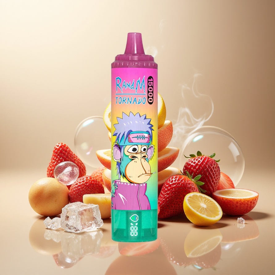 RandM Fumot Tornado 15000 Puffs Svensk Grossist Engångs Vape Jordgubb Is 25ml 850mAh LCD Type-C