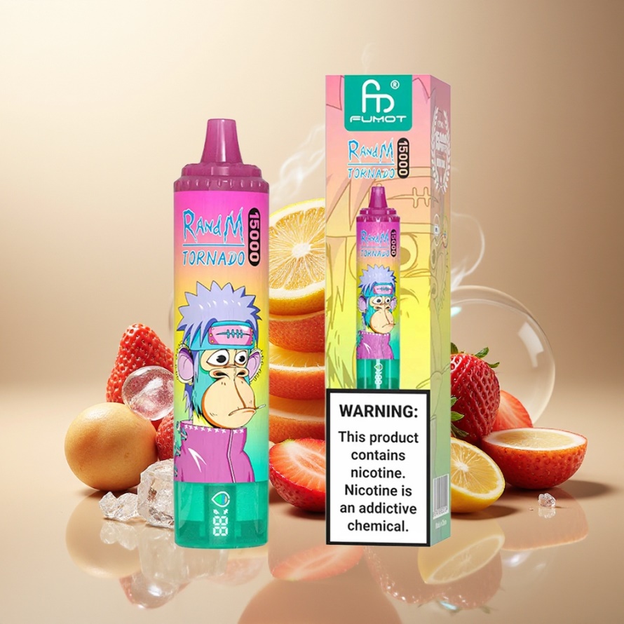 RandM Fumot Tornado 15000 Puffs Svensk Grossist Engångs Vape Jordgubb Is 25ml 850mAh LCD Type-C