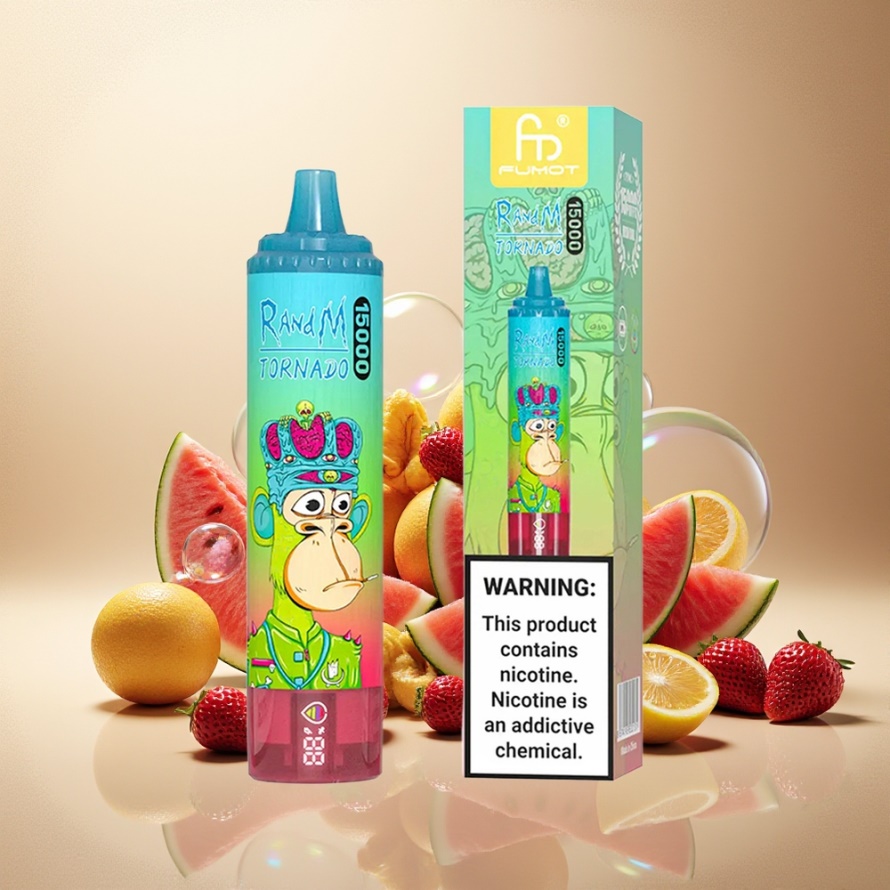 RandM Fumot Tornado 15000 Puffs Svensk Grossist Engångs Vape Jordgubb Vattenmelon 25ml 850mAh Type-C LCD Mesh Coil
