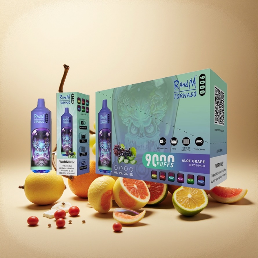 RandM Fumot Tornado 9000 Puffs Engångs Vape Aloe Grape Svensk Grossist 850mAh 18mL Mesh RGB 54 Smaker
