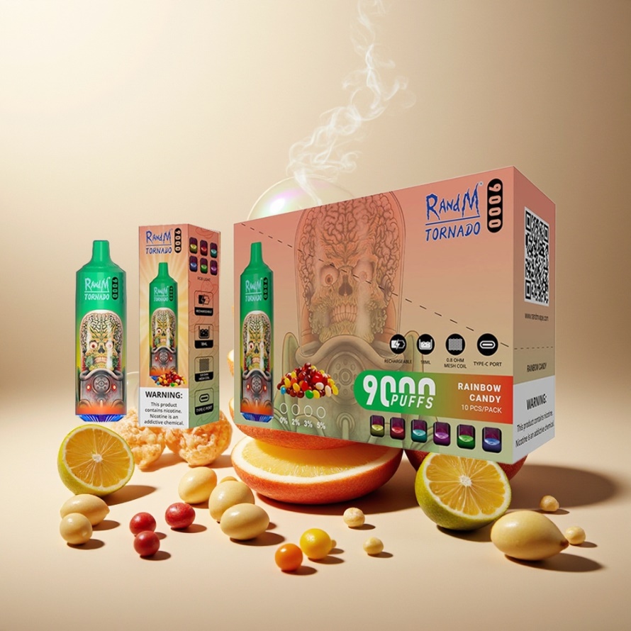 RandM Fumot Tornado 9000 Puffs Engångs Vape Regnbågsgodis svensk grossist 850mAh 18mL Mesh RGB 54 Smaker
