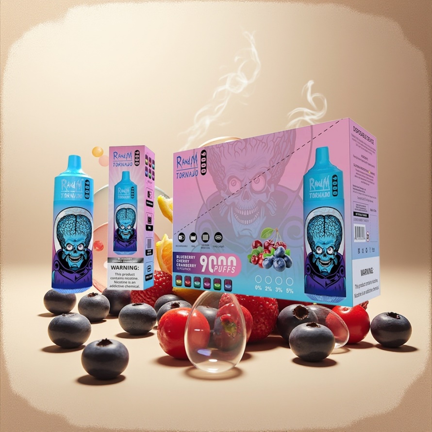 RandM Fumot Tornado 9000 Puffs Svensk Grossist Engångs Vape Blåbär Körsbär Tranbär 850 mAh 18 mL Mesh Coil RGB Display