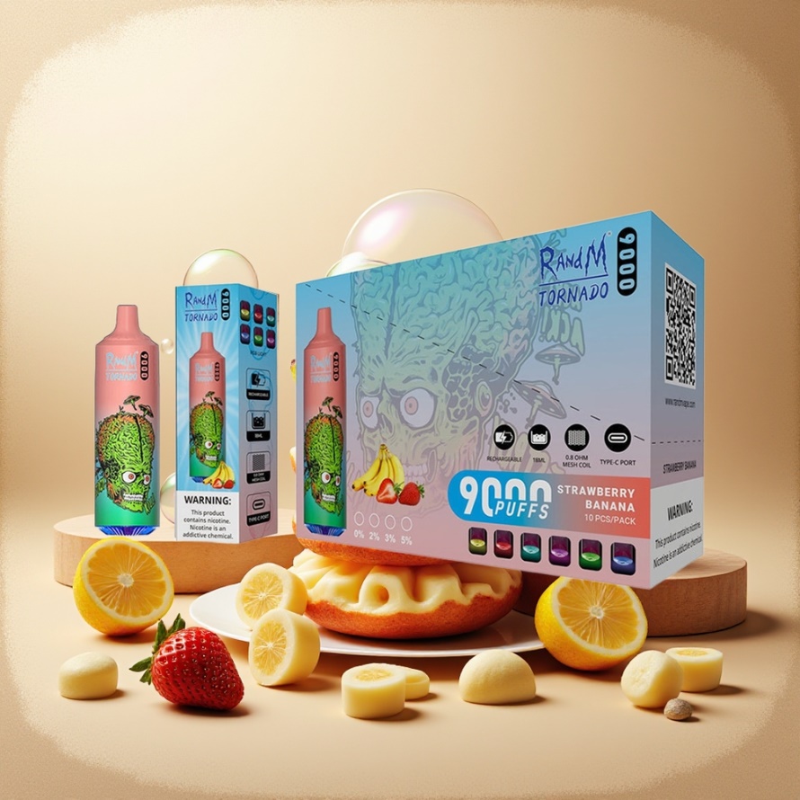 RandM Fumot Tornado 9000 Puffs Svensk Grossist Engångs Vape Jordgubb Banan 18 mL Mesh Coil RGB