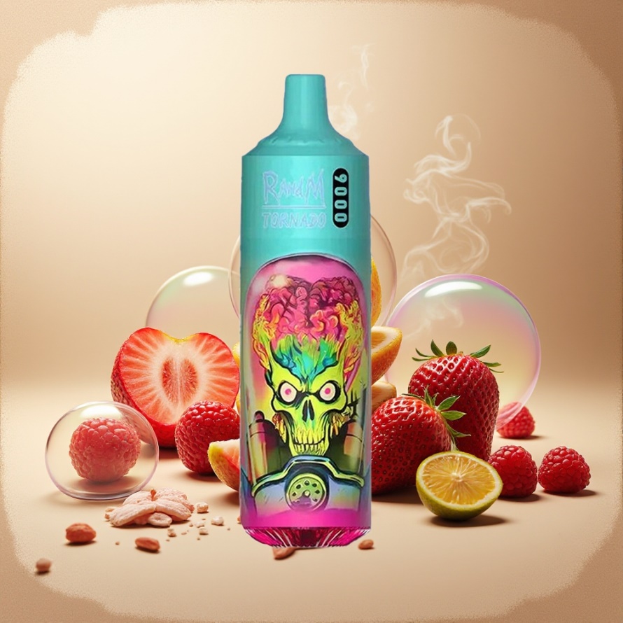 RandM Fumot Tornado 9000 Puffs Svensk Grossist Engångs Vape Jordgubb Hallon 850mAh 18mL Mesh Coil RGB Display