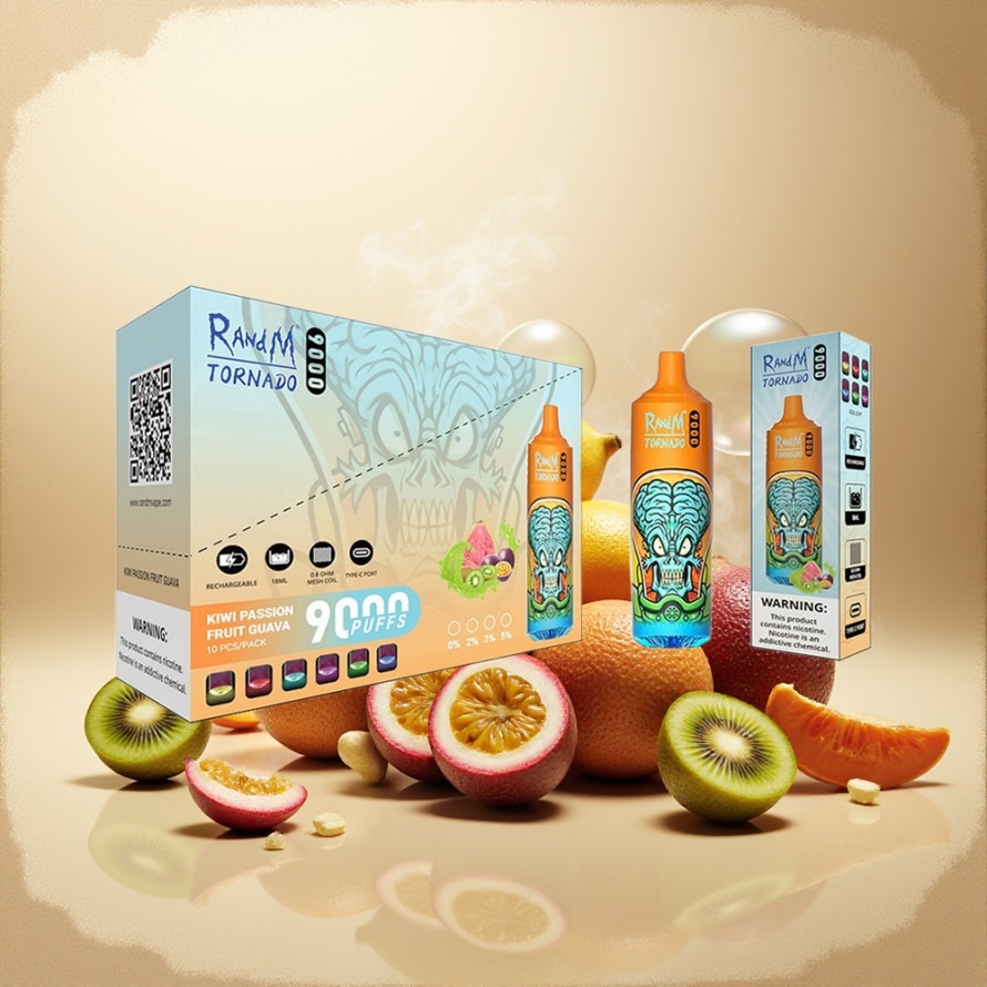 RandM Fumot Tornado 9000 Puffs Svensk Grossist Engångs Vape Kiwi Passionsfrukt Guava 850 mAh 18 mL Mesh Coil RGB Display