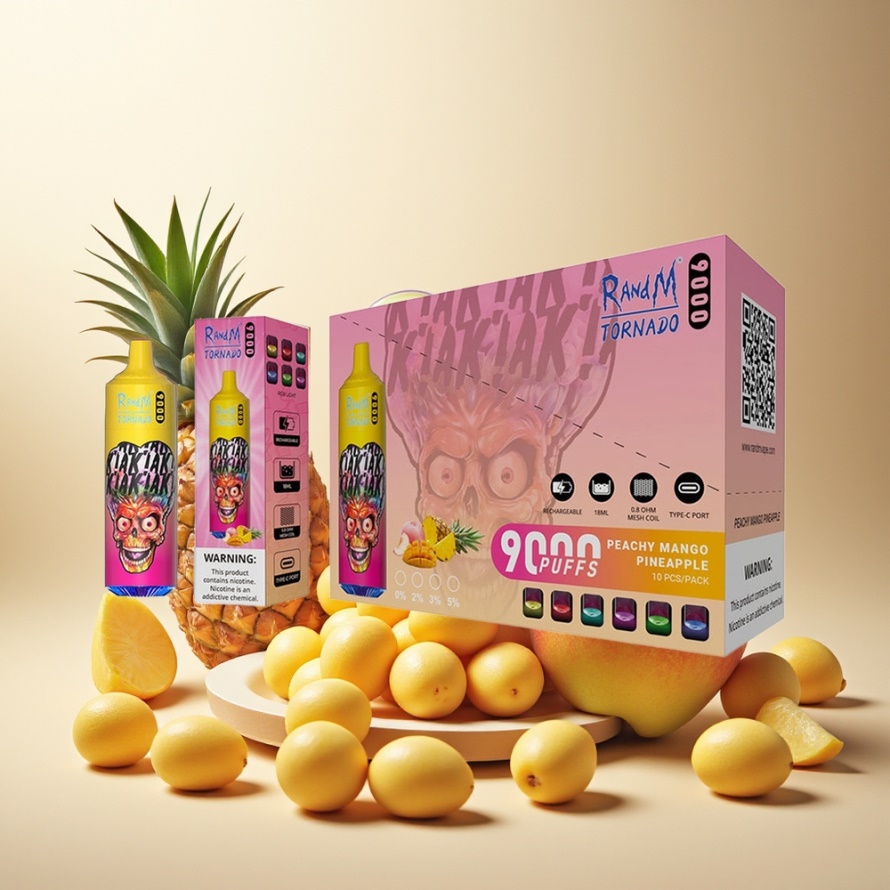 RandM Fumot Tornado 9000 Puffs Svensk Grossist Engångs Vape Persika Mango Ananas (850 mAh, 18 mL, Mesh Coil, RGB Display)